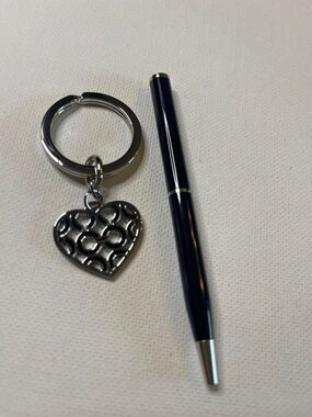 Coach Silver Heart Keychain with Black Coach C Logo and Black Coach Pen